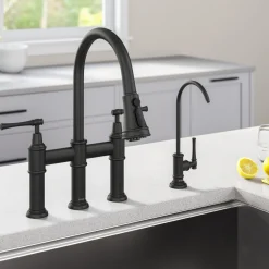 Sale Allyn Transitional Bridge Kitchen Faucet & Water Filter Faucet in Matte Black Water Filter Faucets|Bridge Faucets