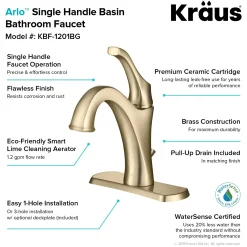 Arlo Brushed Gold Basin Bathroom Faucet with Lift Rod Drain and Deck Plate Single Hole