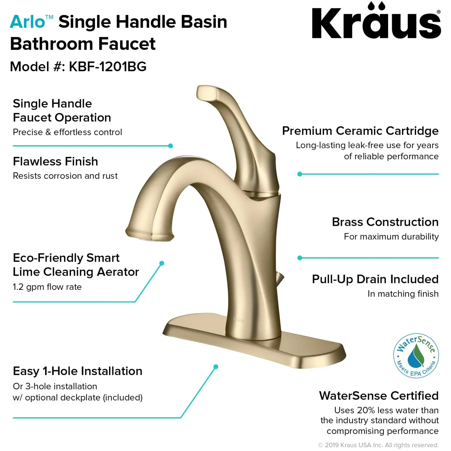 Arlo Brushed Gold Basin Bathroom Faucet with Lift Rod Drain and Deck Plate Single Hole