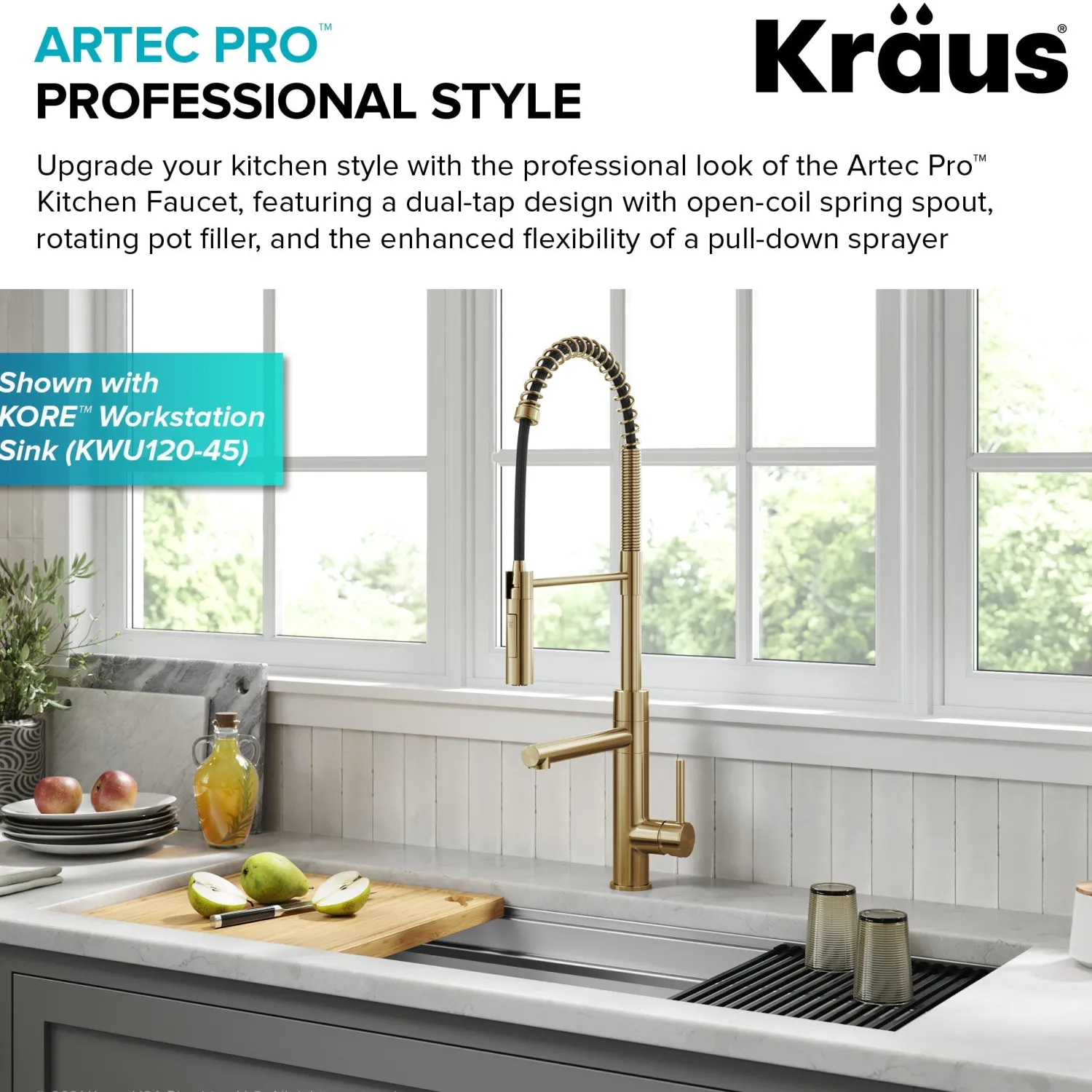 Artec Pro Commercial Style Single Handle Kitchen Faucet with Pot Filler in Brushed Brass Single Hole
