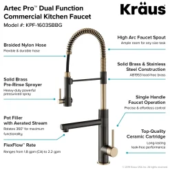 Hot Artec Pro 2-Function Commercial Style Pre-Rinse Kitchen Faucet in Black Stainless/Brushed Gold Single Hole