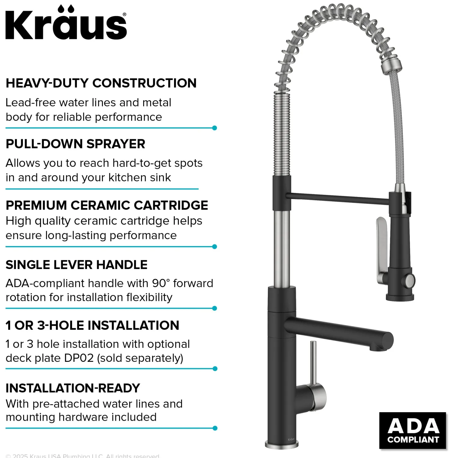 Artec Pro 2-Function Single Handle Pull Down Kitchen Faucet in Spot-Free Stainless Steel & Matte Black Single Hole