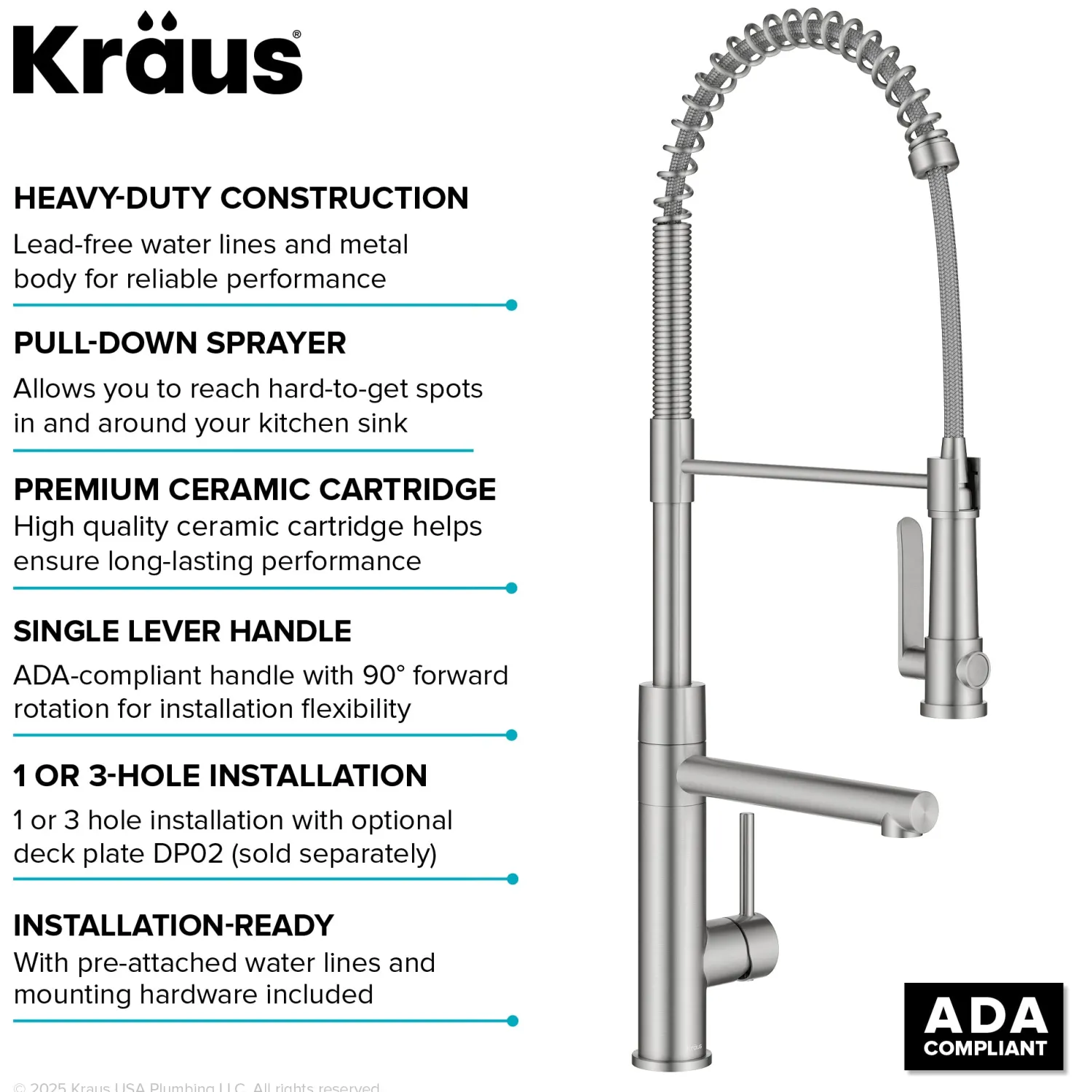 Artec Pro 2-Function Single Handle Pull Down Kitchen Faucet in Spot-Free Stainless Steel Single Hole