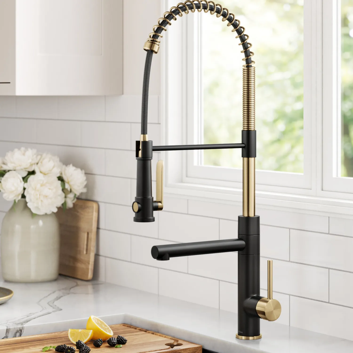 Discount Artec Pro 2-Function Single Handle Pull Down Kitchen Faucet in Brushed Brass & Matte Black Single Hole