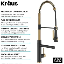 Discount Artec Pro 2-Function Single Handle Pull Down Kitchen Faucet in Brushed Brass & Matte Black Single Hole