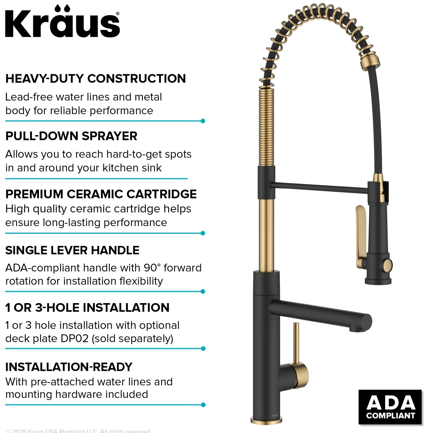 Discount Artec Pro 2-Function Single Handle Pull Down Kitchen Faucet in Brushed Brass & Matte Black Single Hole