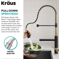 Discount Artec Pro 2-Function Single Handle Pull Down Kitchen Faucet in Brushed Brass & Matte Black Single Hole