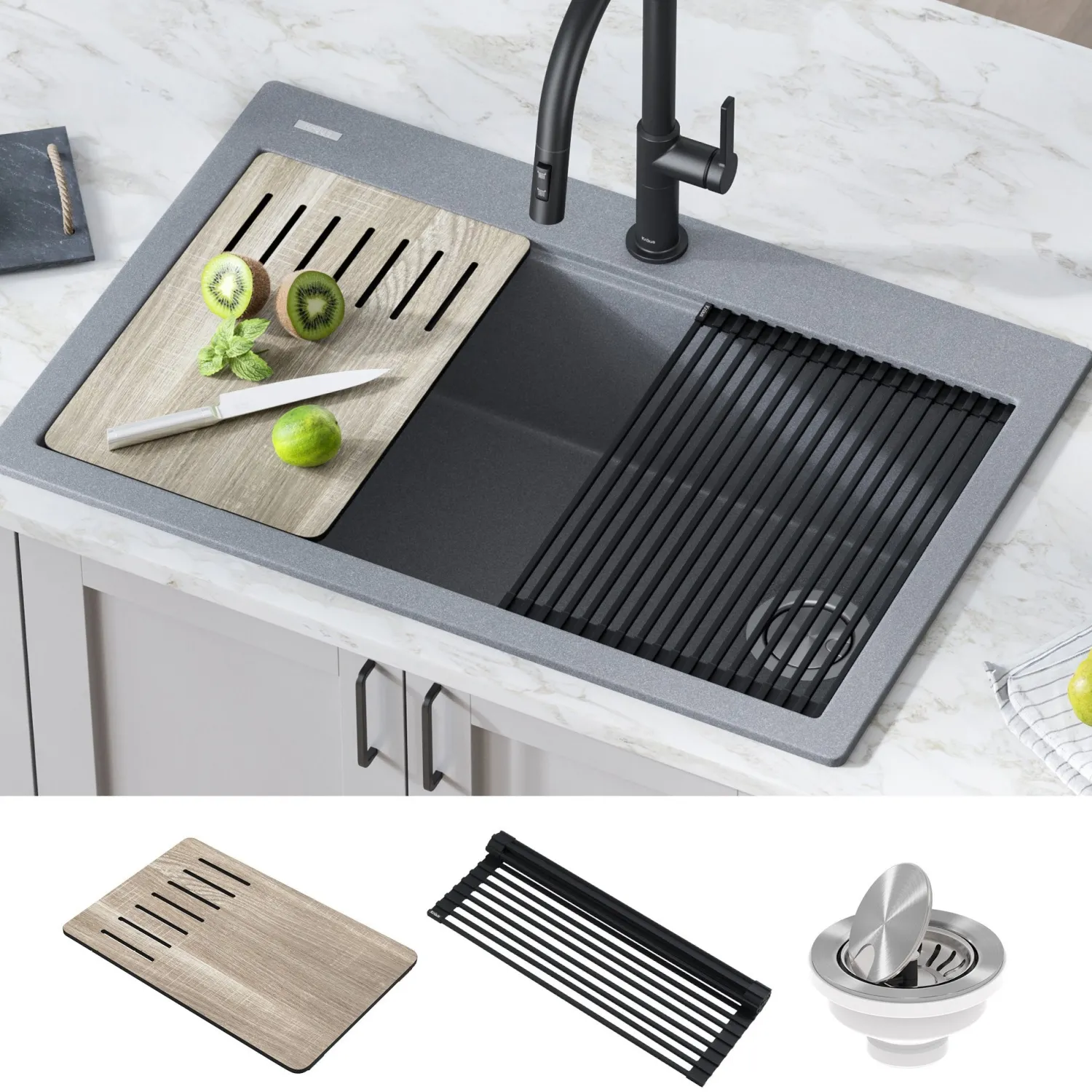 Clearance Bellucci Workstation 33" Drop-In Granite Composite Kitchen Sink with Accessories Drop-In / Top Mount Sinks|Single Bowl Sinks