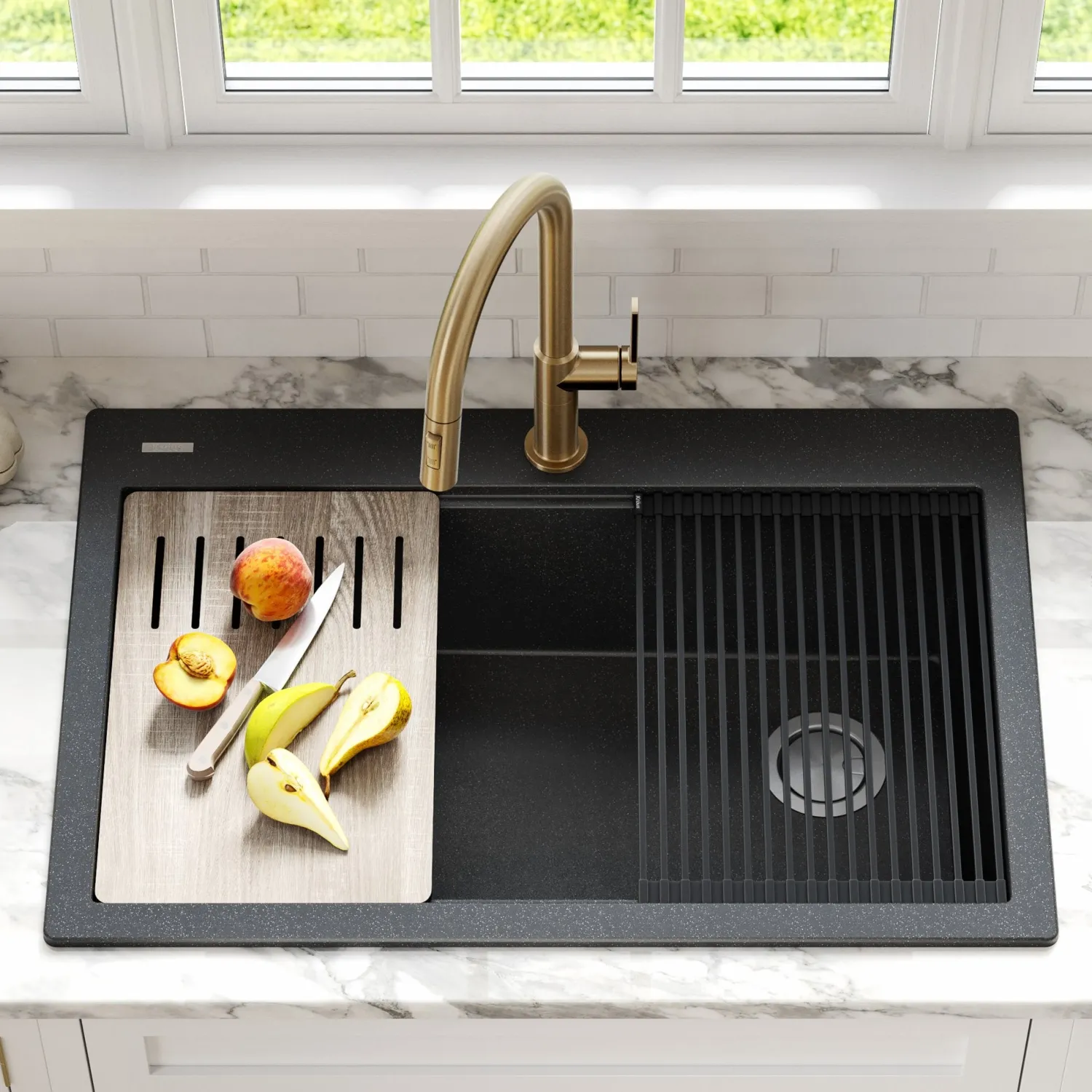 Clearance Bellucci Workstation 33" Drop-In Granite Composite Kitchen Sink with Accessories Drop-In / Top Mount Sinks|Single Bowl Sinks