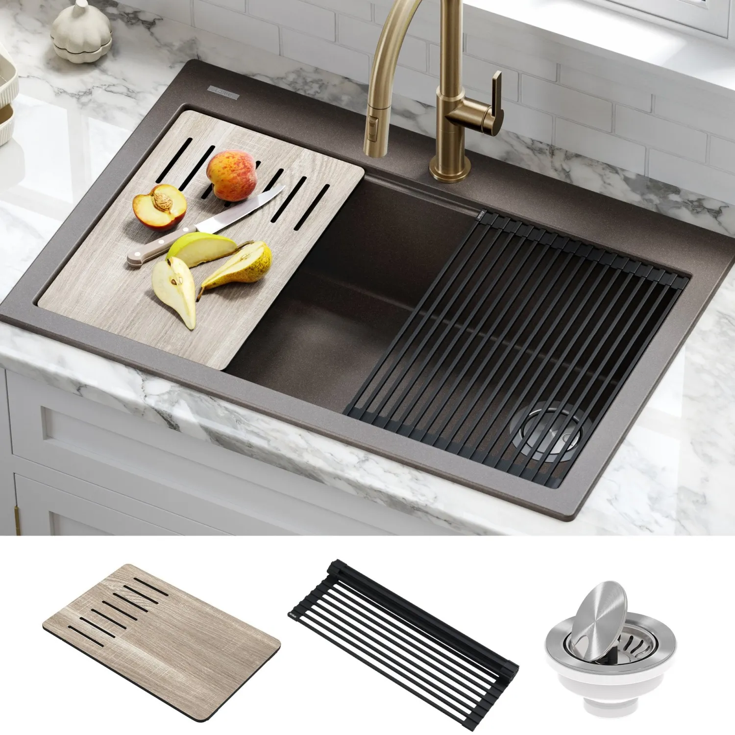 Clearance Bellucci Workstation 33" Drop-In Granite Composite Kitchen Sink with Accessories Drop-In / Top Mount Sinks|Single Bowl Sinks