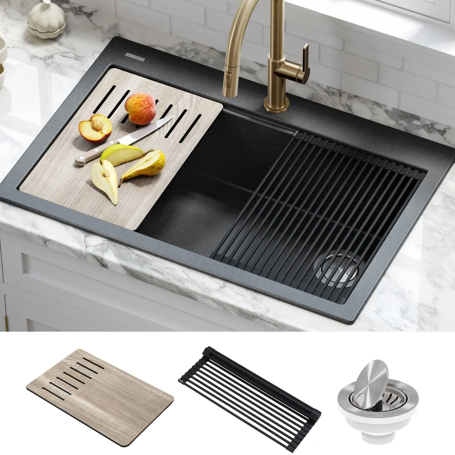Clearance Bellucci Workstation 33" Drop-In Granite Composite Kitchen Sink with Accessories Drop-In / Top Mount Sinks|Single Bowl Sinks