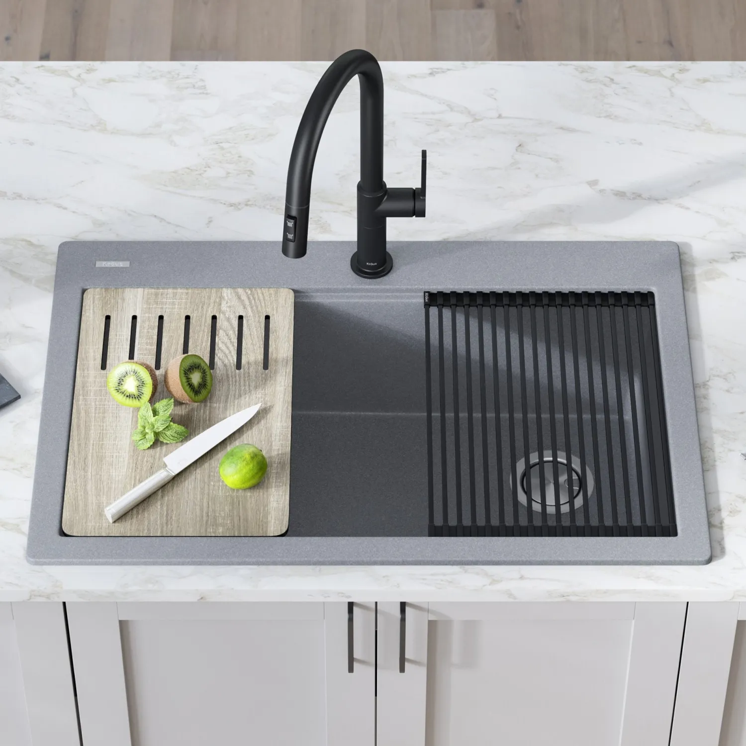 Clearance Bellucci Workstation 33" Drop-In Granite Composite Kitchen Sink with Accessories Drop-In / Top Mount Sinks|Single Bowl Sinks