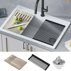 New Bellucci Workstation 33" Drop-In Granite Composite Kitchen Sink in White with Accessories Drop-In / Top Mount Sinks|Single Bowl Sinks