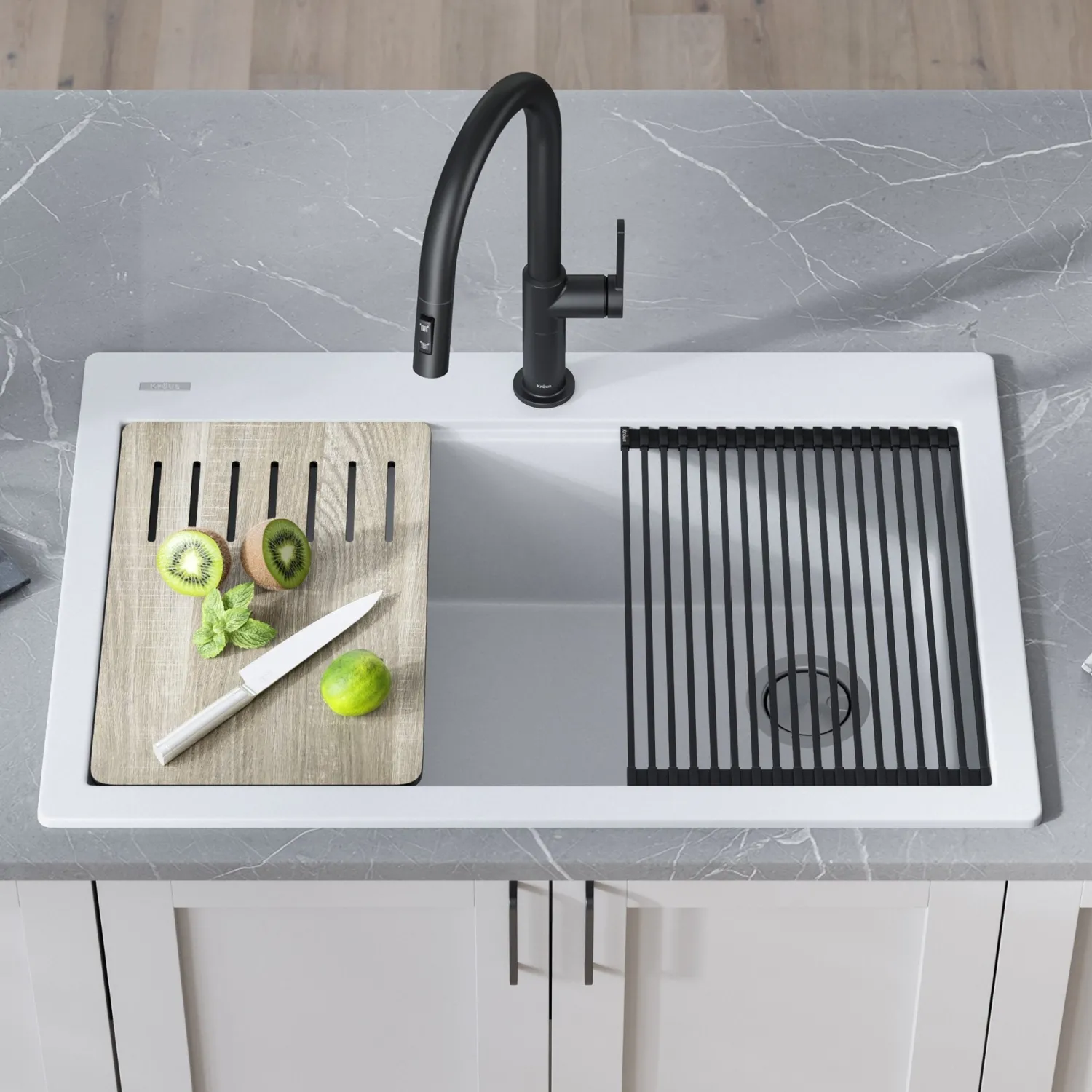 New Bellucci Workstation 33" Drop-In Granite Composite Kitchen Sink in White with Accessories Drop-In / Top Mount Sinks|Single Bowl Sinks