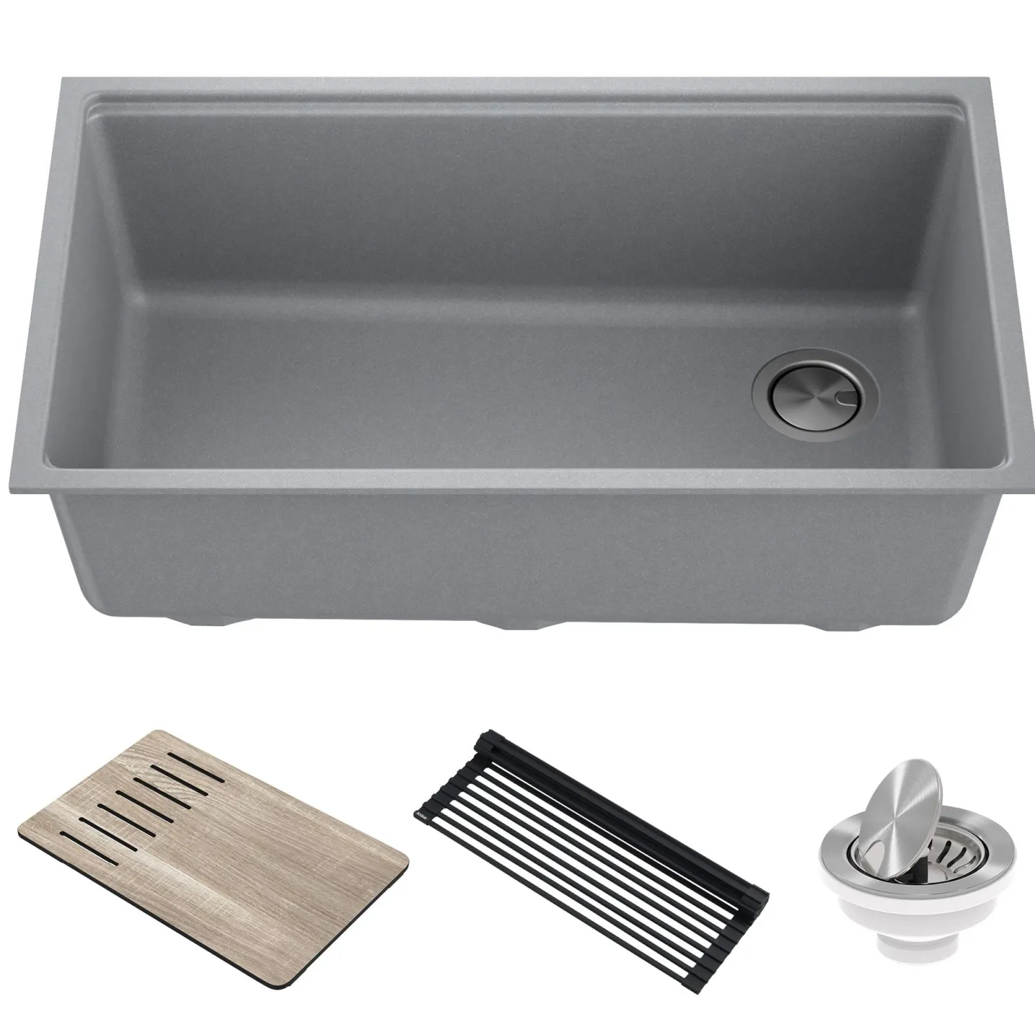 New Bellucci Workstation 33" Undermount Granite Composite Kitchen Sink in Metallic Gray with Accessories Workstation Sinks|Single Bowl Sinks