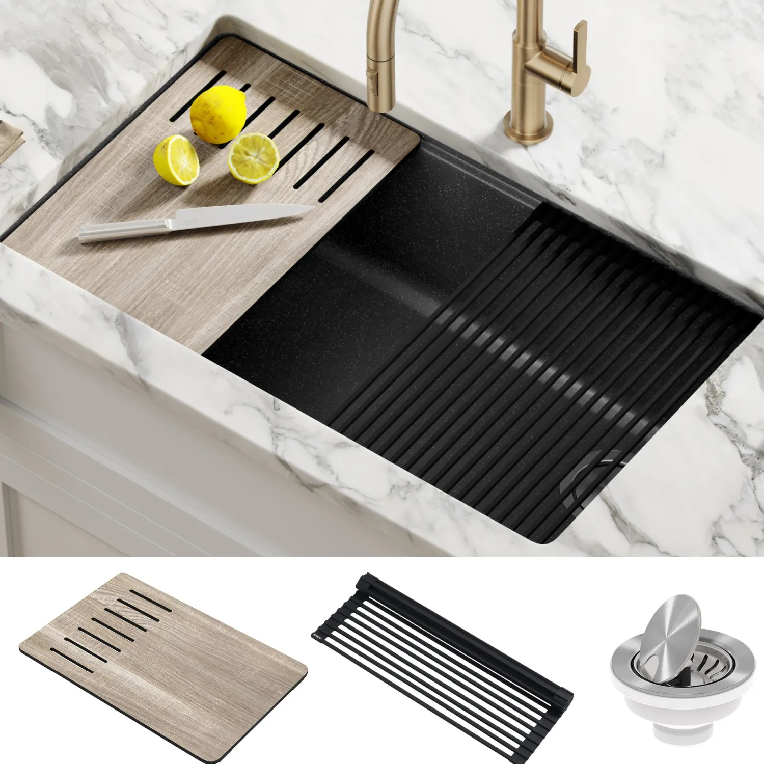 Discount Bellucci Workstation 33" Undermount Granite Composite Kitchen Sink in Metallic Black with Accessories Workstation Sinks|Single Bowl Sinks