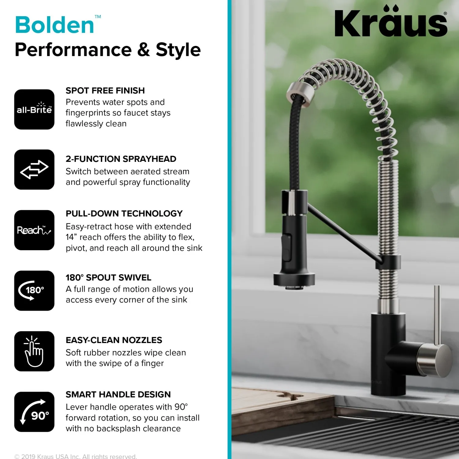 New Bolden 18-Inch Commercial Kitchen Faucet with Pull-Down Sprayhead in Spot Free Stainless Steel/Matte Black Single Hole
