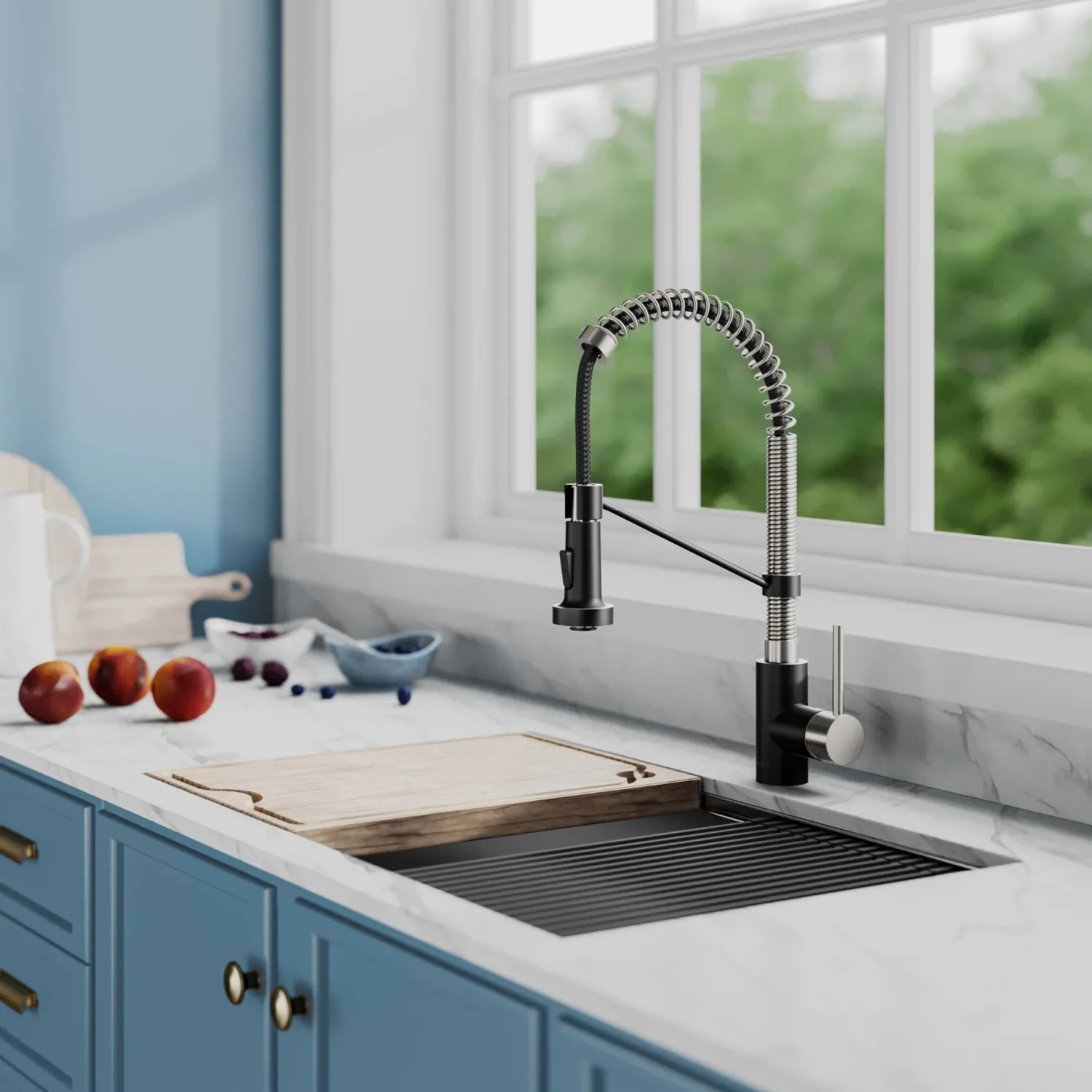 New Bolden 18-Inch Commercial Kitchen Faucet with Pull-Down Sprayhead in Spot Free Stainless Steel/Matte Black Single Hole