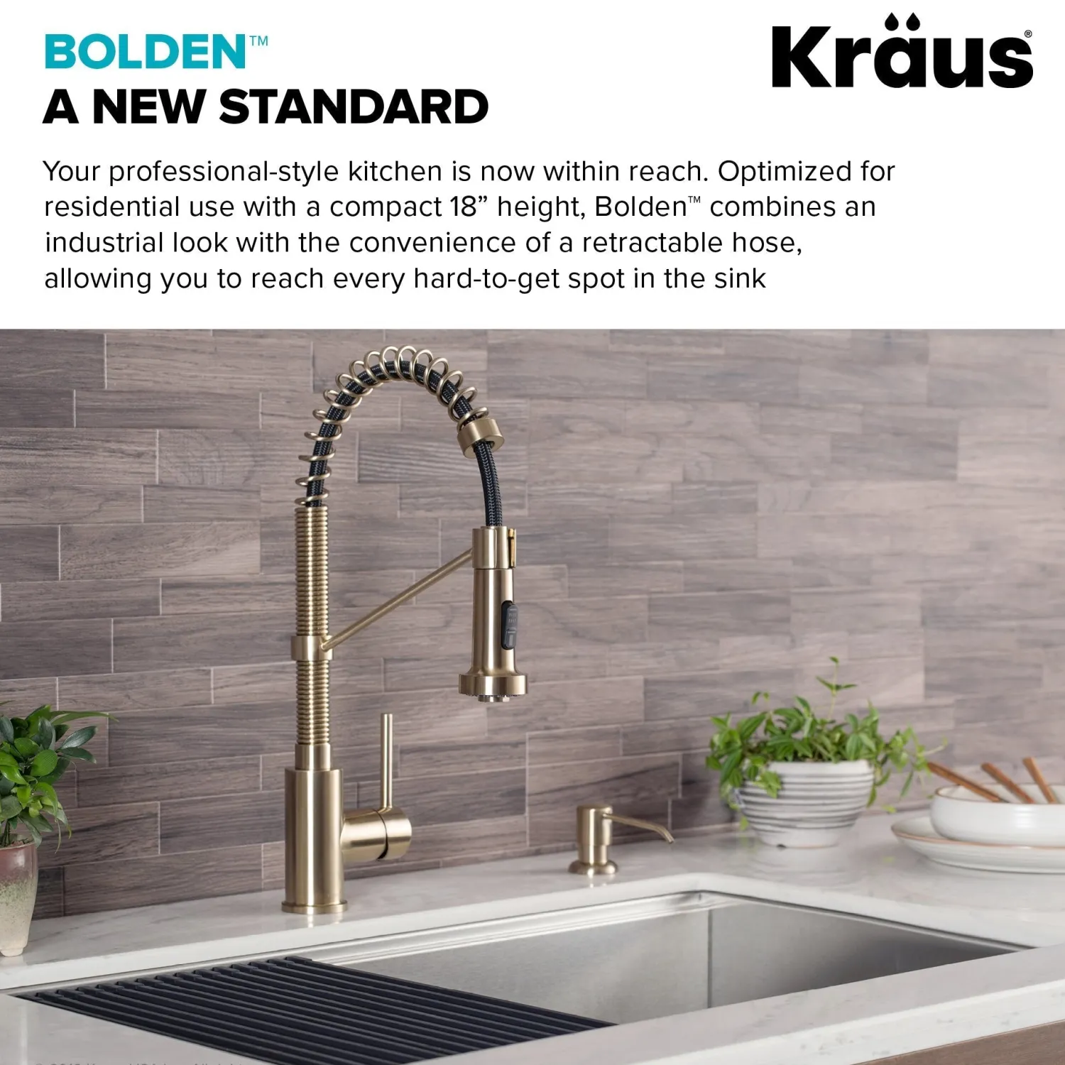 Discount Bolden 18-Inch Commercial Kitchen Faucet with Pull-Down Sprayhead in Brushed Gold Single Hole