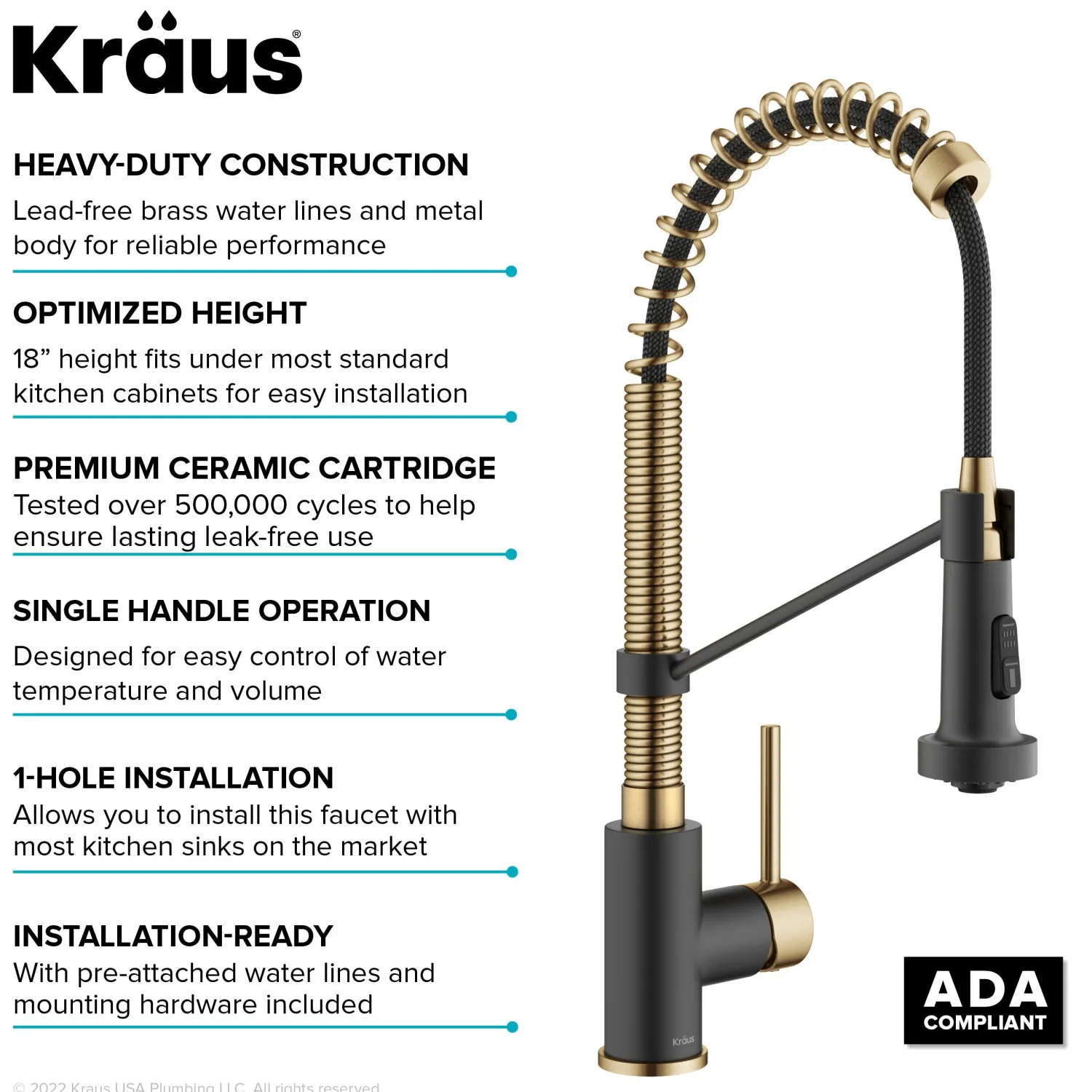 Clearance Bolden 18-Inch Commercial Kitchen Faucet with Pull-Down Sprayhead in Brushed Brass & Matte Black Single Hole