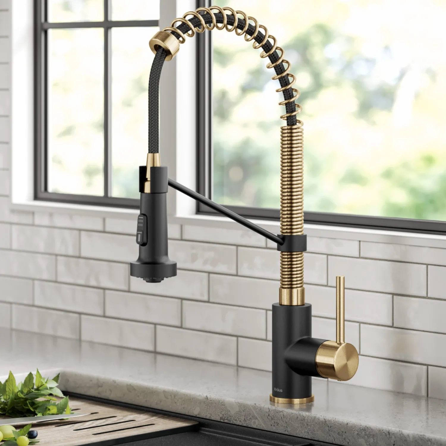 Clearance Bolden 18-Inch Commercial Kitchen Faucet with Pull-Down Sprayhead in Brushed Brass & Matte Black Single Hole
