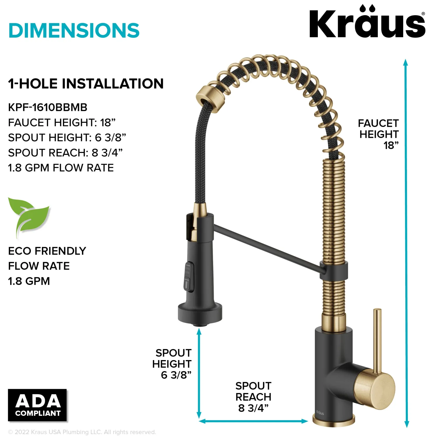 Clearance Bolden 18-Inch Commercial Kitchen Faucet with Pull-Down Sprayhead in Brushed Brass & Matte Black Single Hole