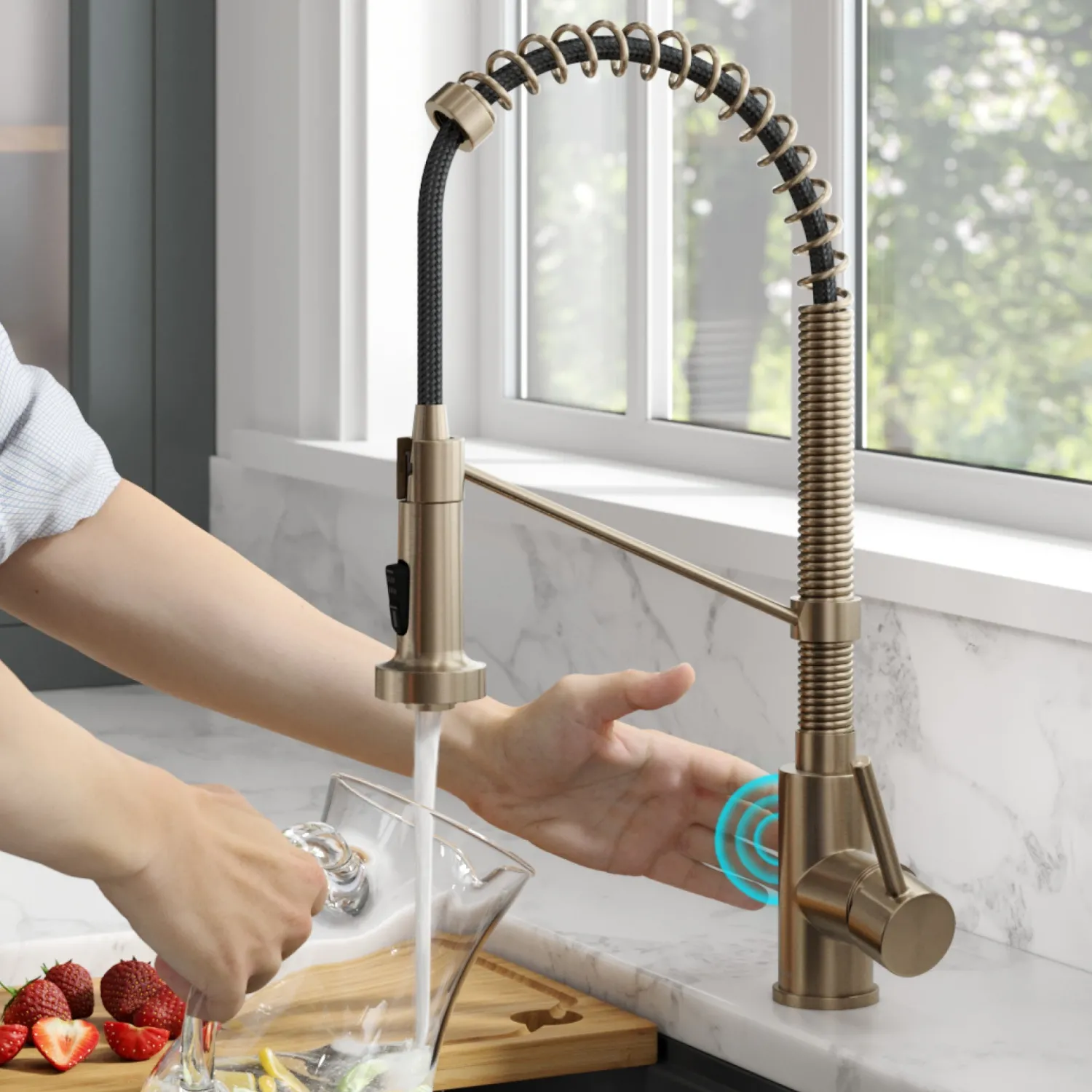 Bolden Touchless Pull-Down Single Handle Faucet in Spot Free Antique Champagne Bronze Touchless, Sensor And Tap Activated Kitchen Faucets|Single Hole