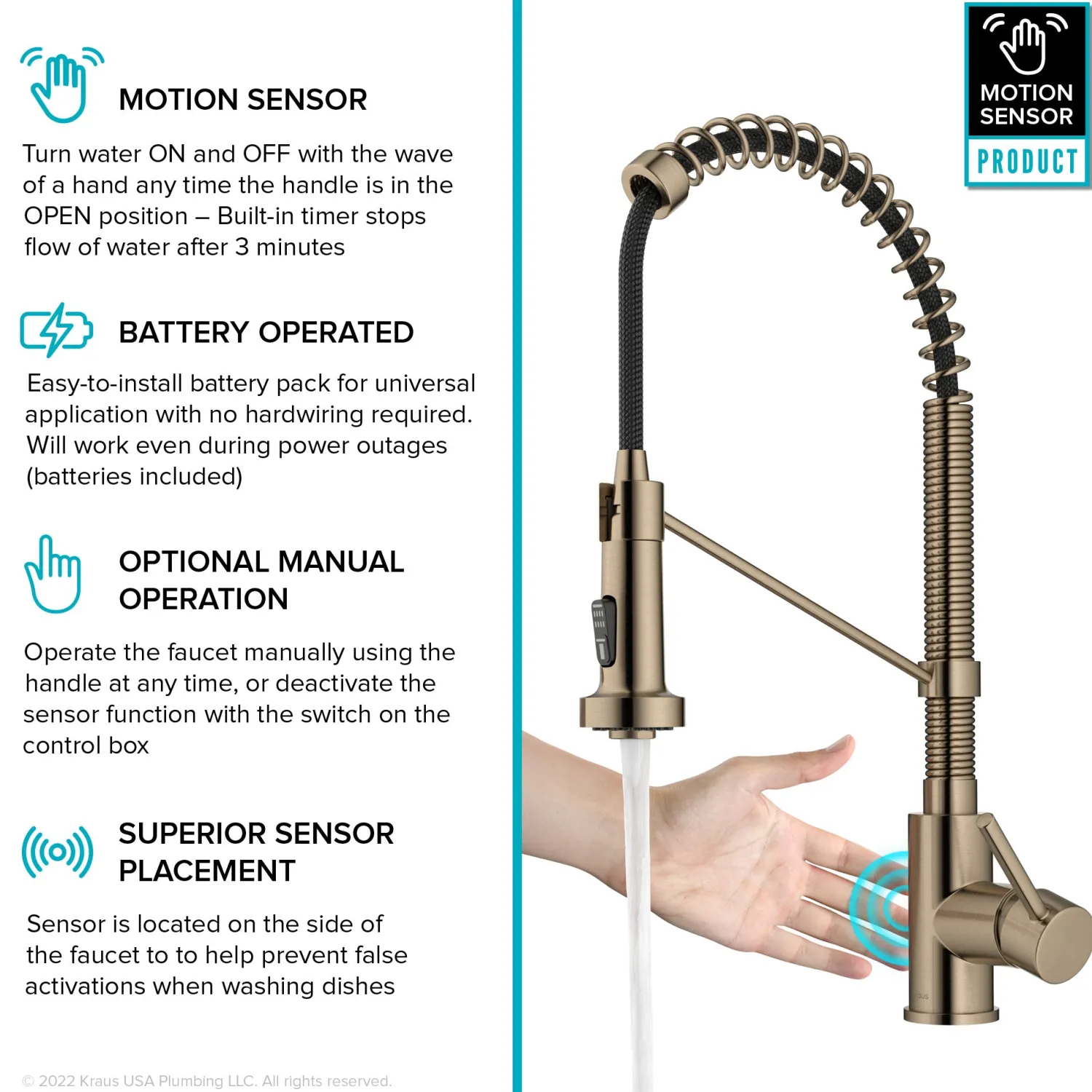 Bolden Touchless Pull-Down Single Handle Faucet in Spot Free Antique Champagne Bronze Touchless, Sensor And Tap Activated Kitchen Faucets|Single Hole
