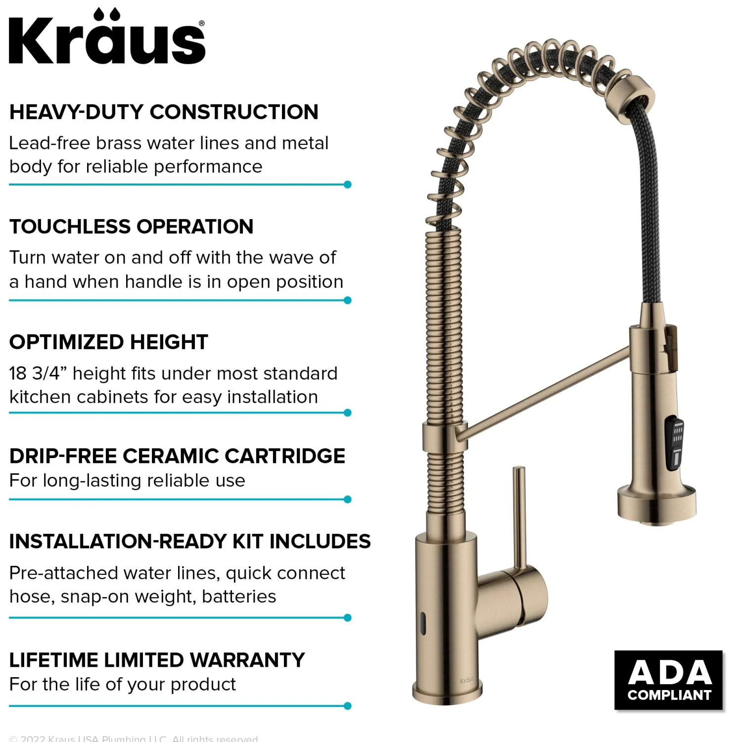 Bolden Touchless Pull-Down Single Handle Faucet in Spot Free Antique Champagne Bronze Touchless, Sensor And Tap Activated Kitchen Faucets|Single Hole