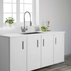 Discount Britt Single Handle Commercial Kitchen Faucet with Deck Plate and Soap Dispenser in all-Brite Spot Free Stainless Steel Single Hole