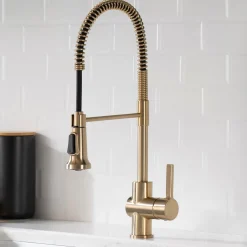 Online Britt Single Handle Commercial Kitchen Faucet with Deck Plate and Soap Dispenser in Spot Free Antique Champagne Bronze Single Hole