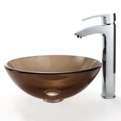 Discount Clear Brown 14" Glass Vessel Bathroom Sink with PU-MR Above Counter / Vessel Sinks