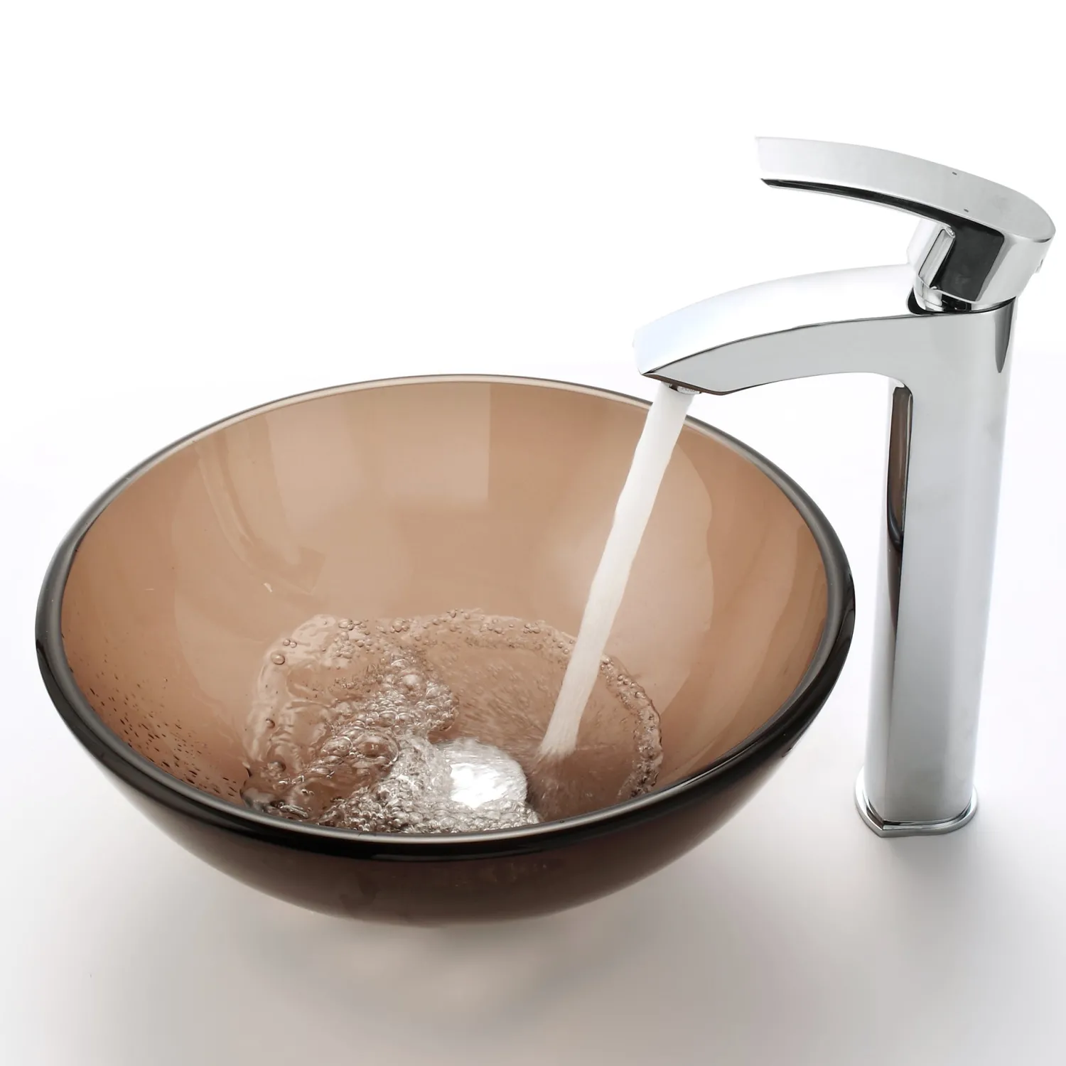Discount Clear Brown 14" Glass Vessel Bathroom Sink with PU-MR Above Counter / Vessel Sinks