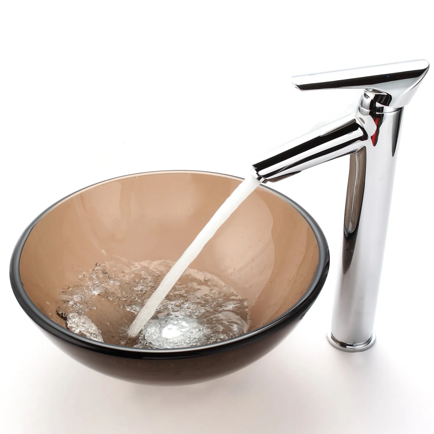 Discount Clear Brown 14" Glass Vessel Bathroom Sink with PU-MR Above Counter / Vessel Sinks