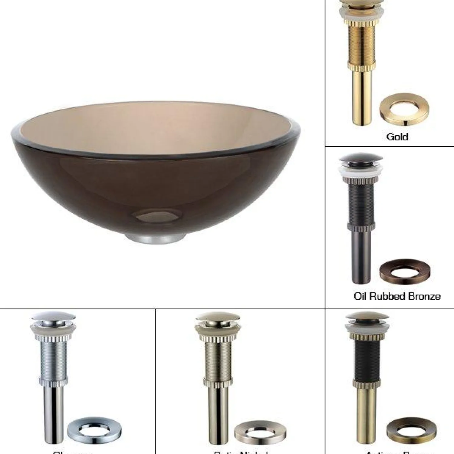 Discount Clear Brown 14" Glass Vessel Bathroom Sink with PU-MR Above Counter / Vessel Sinks