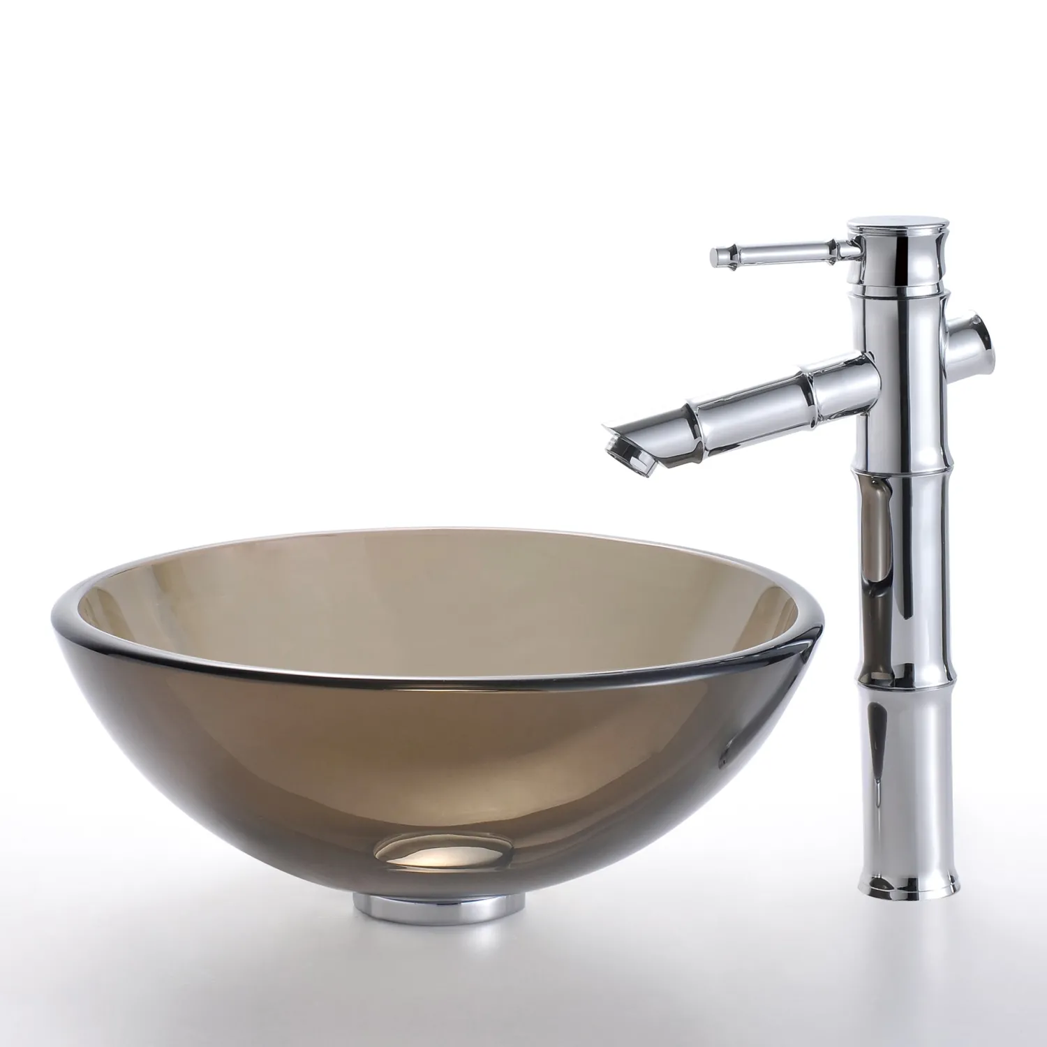 Discount Clear Brown 14" Glass Vessel Bathroom Sink with PU-MR Above Counter / Vessel Sinks