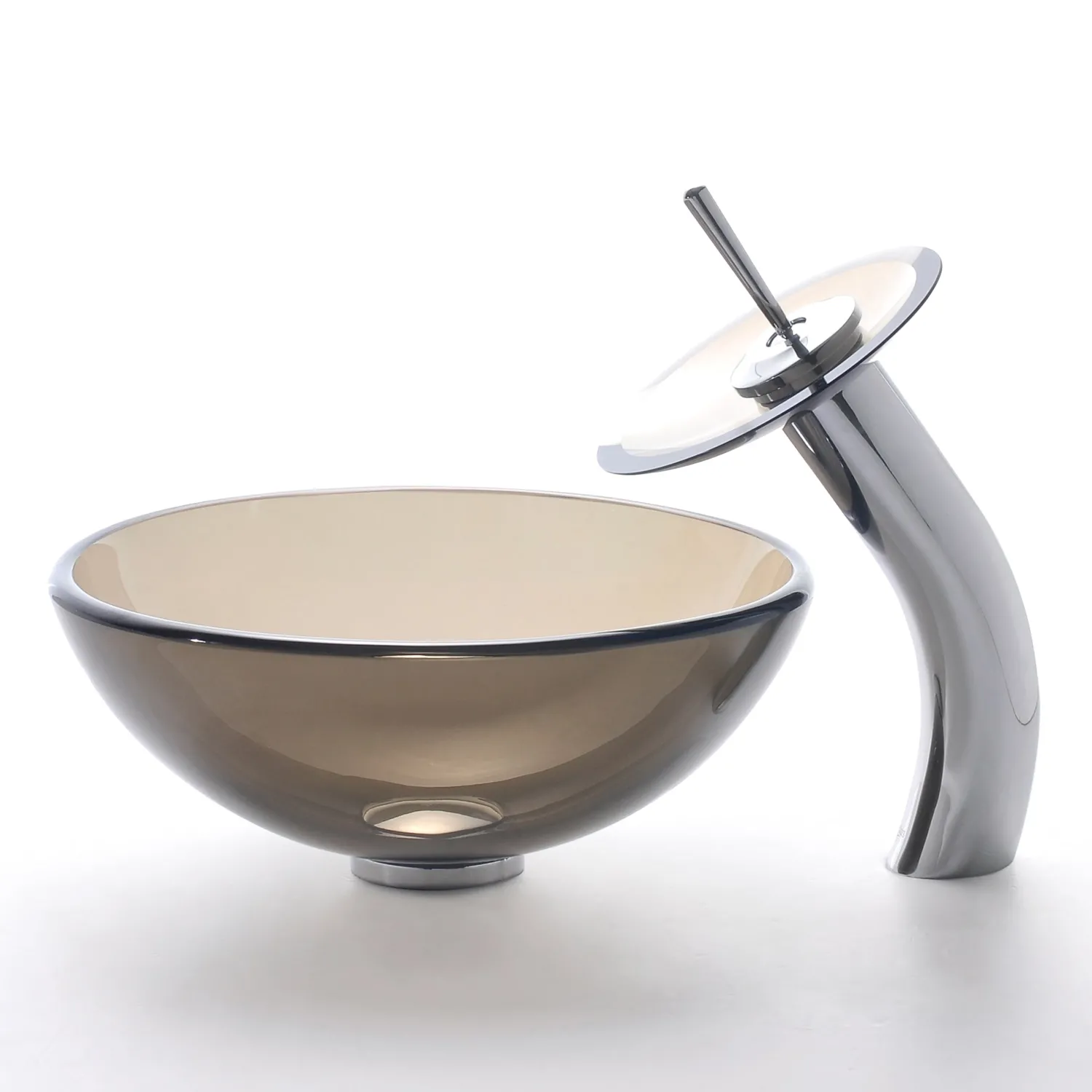 Discount Clear Brown 14" Glass Vessel Bathroom Sink with PU-MR Above Counter / Vessel Sinks