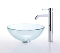 Discount Clear 14" Glass Vessel Sink and Ramus Faucet Sink And Faucet Combos