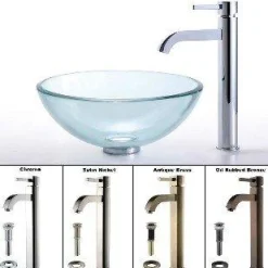 Discount Clear 14" Glass Vessel Sink and Ramus Faucet Sink And Faucet Combos