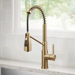 Best Coda Commercial Style Single Handle Pull Down Kitchen Faucet in Brushed Brass Single Hole