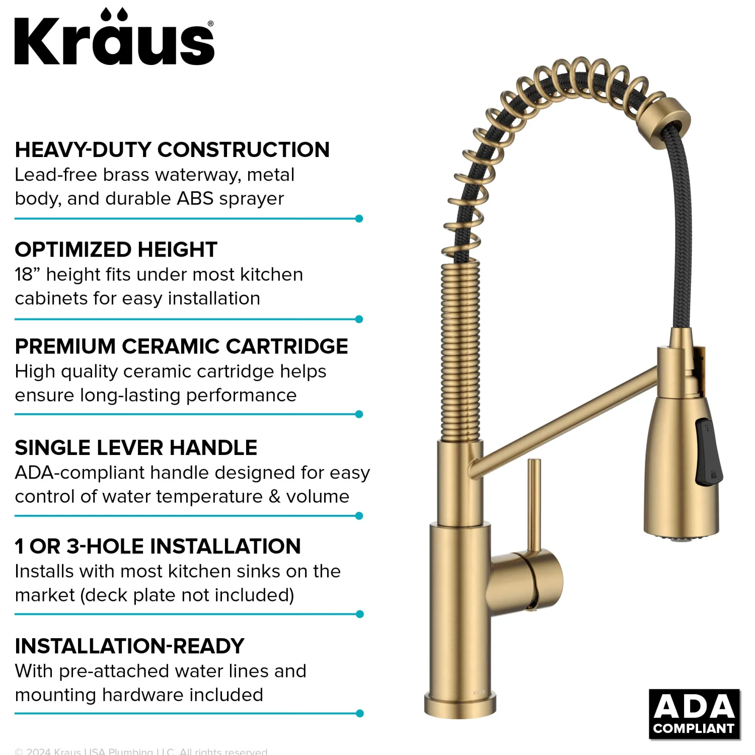 Best Coda Commercial Style Single Handle Pull Down Kitchen Faucet in Brushed Brass Single Hole