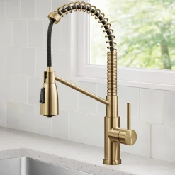 Best Coda Commercial Style Single Handle Pull Down Kitchen Faucet in Brushed Brass Single Hole