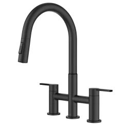 Discount Contemporary Bridge Kitchen Faucet with Spray-Head in Matte Black Bridge Faucets