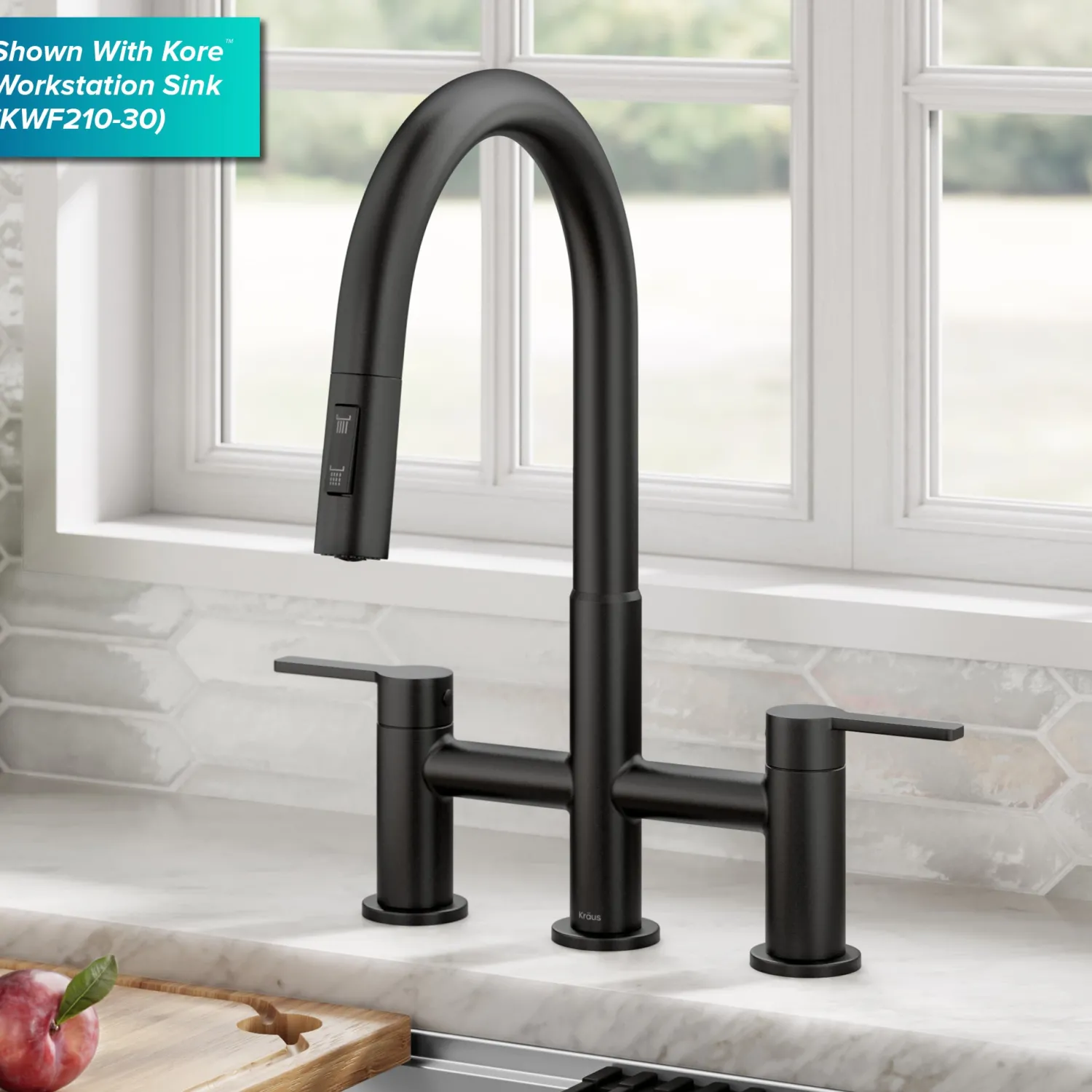 Discount Contemporary Bridge Kitchen Faucet with Spray-Head in Matte Black Bridge Faucets