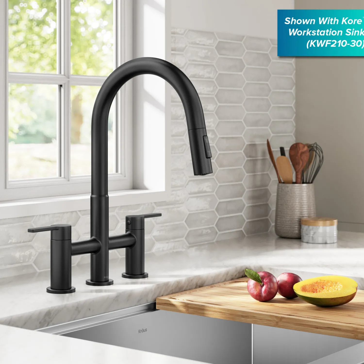 Discount Contemporary Bridge Kitchen Faucet with Spray-Head in Matte Black Bridge Faucets