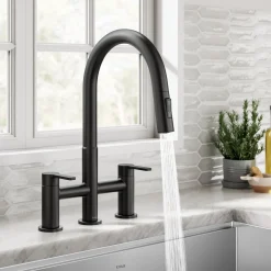 Discount Contemporary Bridge Kitchen Faucet with Spray-Head in Matte Black Bridge Faucets