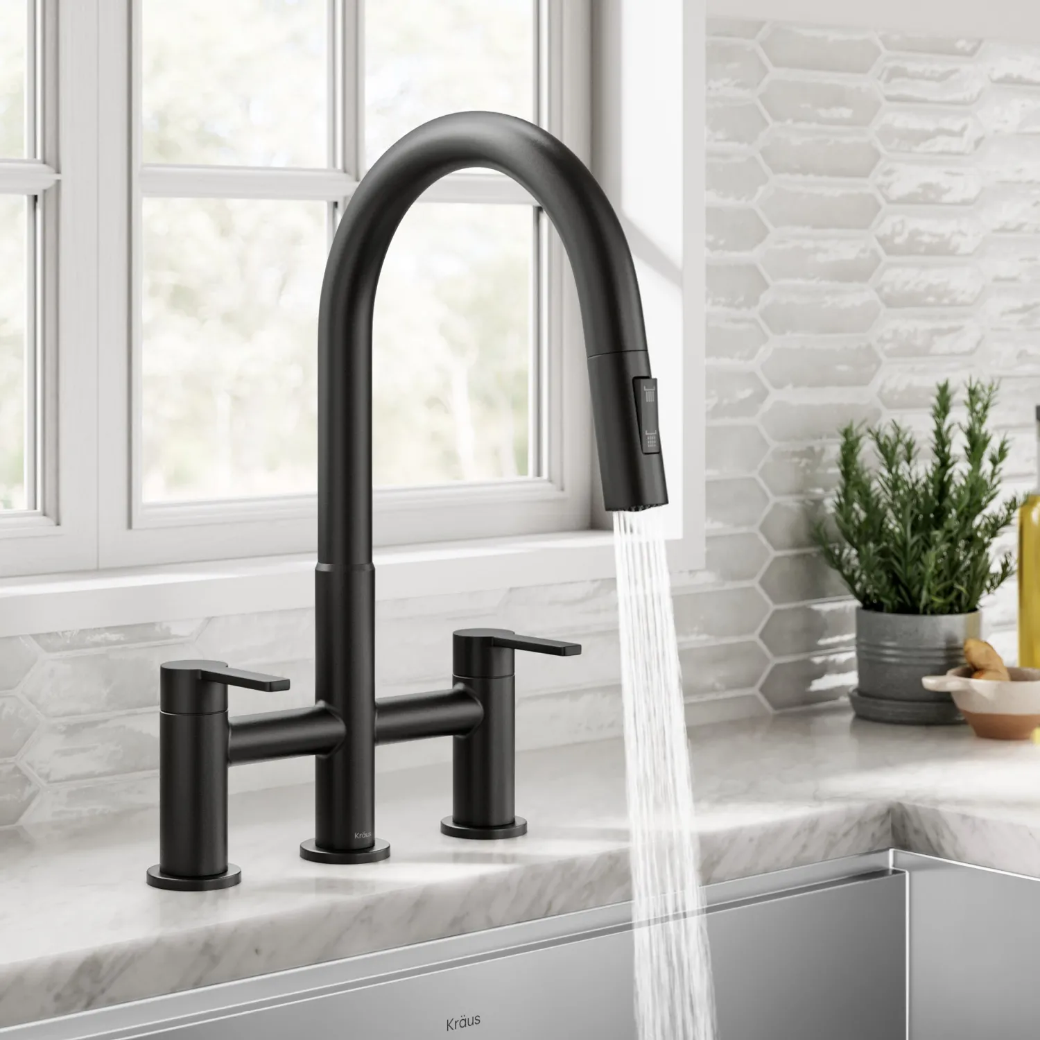 Discount Contemporary Bridge Kitchen Faucet with Spray-Head in Matte Black Bridge Faucets