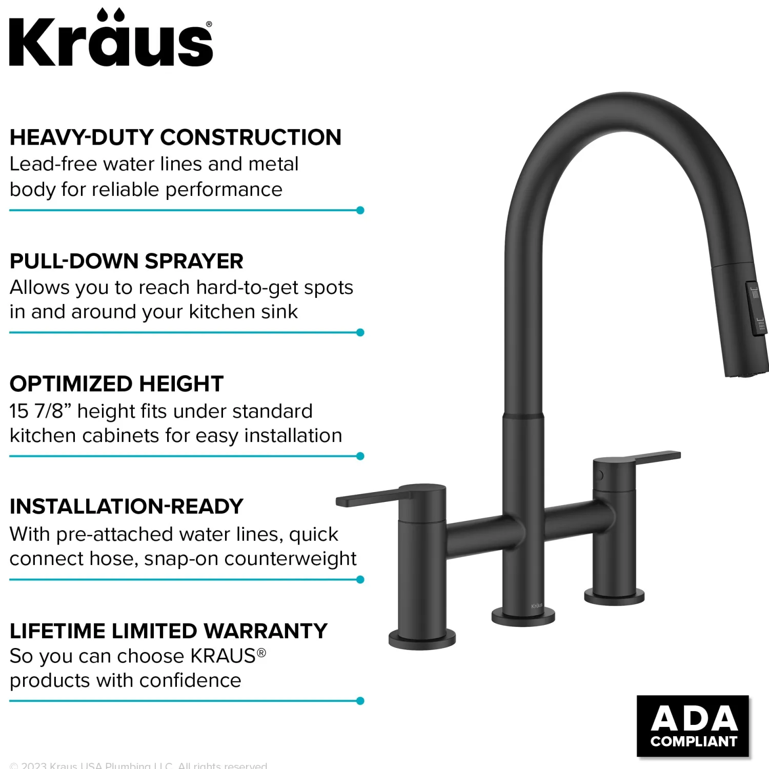 Discount Contemporary Bridge Kitchen Faucet with Spray-Head in Matte Black Bridge Faucets