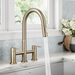 Discount Contemporary Bridge Kitchen Faucet with Spray-Head in Antique Bronze Bridge Faucets
