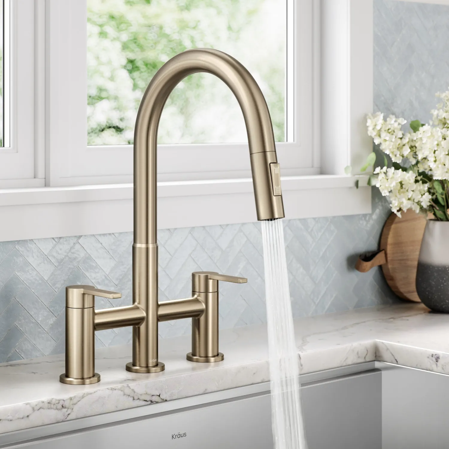 Discount Contemporary Bridge Kitchen Faucet with Spray-Head in Antique Bronze Bridge Faucets